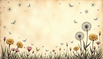 Artistic floral composition with dandelions and flying hearts on a vintage background
