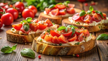 Delicious Toasted Bread with Creamy Cheese and Fresh Tomatoes Topped with Basil