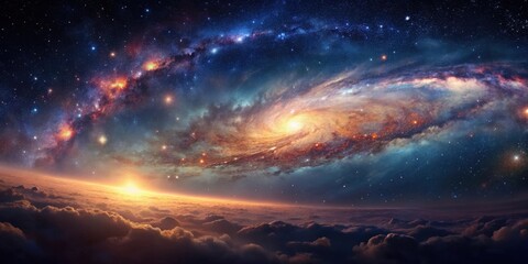 Naklejka premium A Celestial Tapestry Sunrise Over a Planet with a Spiral Galaxy in the Night Sky