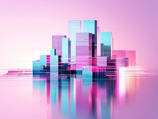 Obraz premium Glitched urban skyline dissolving into pixel shards and neon reflections, forming a cyber-surreal abstract cityscape