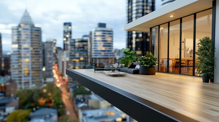 Naklejka premium Modern Balcony with Urban View and Greenery in a Contemporary Cityscape Setting