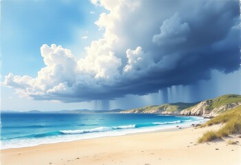 Dramatic seascape, dynamic mood, featuring beach and clouds, with sunlight breaking through background