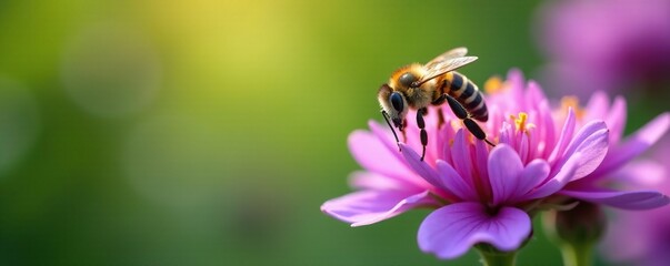 delicate bee hovering over purple verbena flowers, nature, insect photography, bees