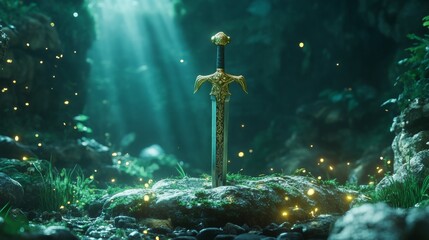 Naklejka premium A medieval sword stands upright in the misty forest, emitting a faint magical glow