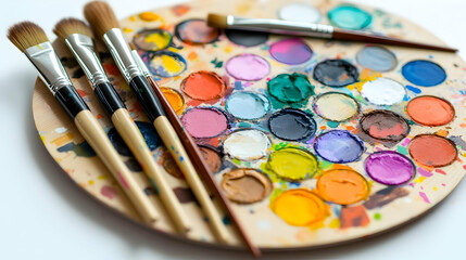 Watercolor Palette With Various Colors Paint And Artist Brushes On White Background