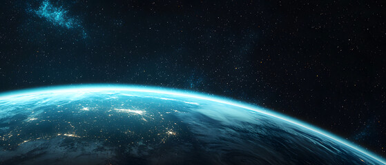 Obraz premium Stunning View of Earth from Space with Illuminated Cities and Starry Night Sky