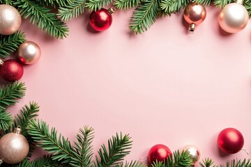 Soft pink cream background with scattered Christmas balls and garlands of greenery, christmas, cream, decor