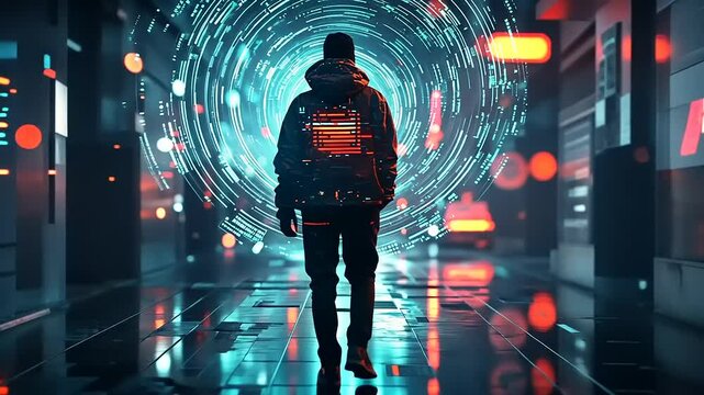 A silhouetted person with glowing clothing stands before a digital, futuristic light tunnel.