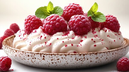 meringue dessert topped with three red raspberries and fresh green mint leaves isolated,cartoon