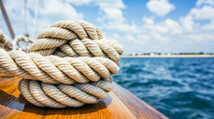 Fototapeta premium A precise shot of a substantial maritime rope, orderly coiled on the timber deck of an old seafaring vessel