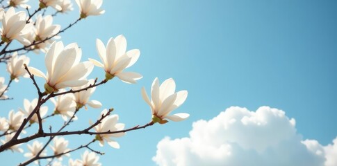 White magnolia blooms stretch across the sky with delicate branches, branches, serene