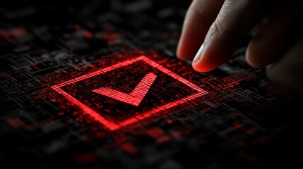 Naklejka premium A view where a holographic checkbox materializes in front of a man's hand in a dark suit, shining brilliantly with a red check mark when selected