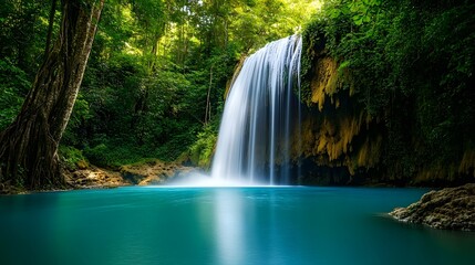 Fototapeta premium Majestic Waterfall Cascading into Tranquil Azure Pool Amidst Lush Verdant Forest Landscape