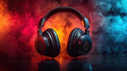 Black Headphones with Colorful Smoke Background for Music and Audio