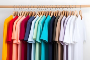 Colorful T Shirt Collection Hanging on Wooden Clothing Rack Over White Background