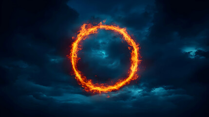 Burning Orange Ring Of Fire Floating Against A Dark Cloudy Sky