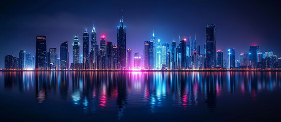 Panoramic view of the skyline in a City at night with reflections