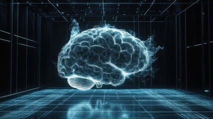 A digital blueprint-style illustration of a human brain, with glowing plexus lines drawn in a wireframe style. The brain is depicted in sharp, angular lines