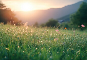 Naklejka premium Serene Meadow at Sunrise with Dew on Grass, Soft Light, and Colorful Wildflowers in a Beautiful Natural Landscape