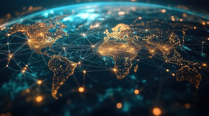 abstract visualization of global network connections glowing lines link floating data nodes across world map futuristic representation of international business and digital communication