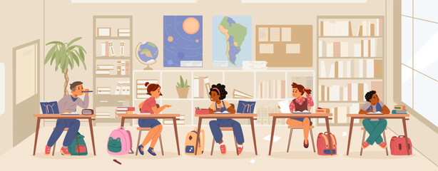 School children in the classroom flat vector illustration.
