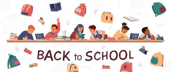 Back to school vector horizontal banner with illustrations of diverse school children sitting at desk, backpacks and stationary.