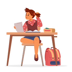 School girl sitting at desk in classroom reading test thinking flat vector illustration isolated on white.