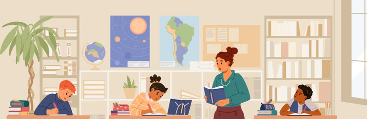 Primary school children on lesson with teacher flat vector illustration. School classroom with pupils writing dictation.