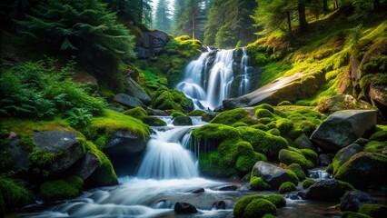 Serene Cascade: Minimalist Waterfall, Mount Rainier National Park
