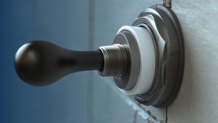 A close-up image of a metallic lever handle attached to a wall, showcasing the detailed threading and smooth finish of the handle. The background is blurred, emphasizing the handle's design