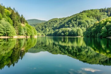 Fototapeta premium Mountain Lake Reflection Surrounded by Pine Forest