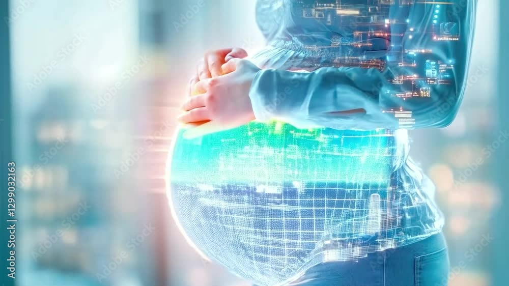 Aufkleber a pregnant woman stands in a futuristic setting, embracing her belly. the belly displays vibrant, di