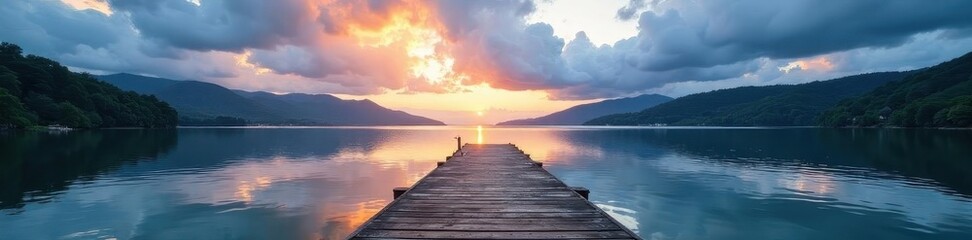 Fototapeta premium Serene lake pier, dramatic clouds, scenic landscape, environment, water