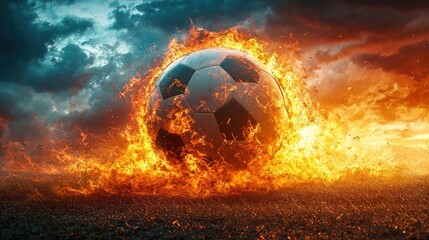 Fototapeta premium Soccer Ball on Fire Flying Across Field with Dramatic Sky Background