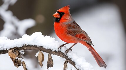 Striking Northern Cardinal perched on a snow covered branch its vibrant red feathers standing out against the crisp white winter landscape