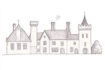 Detailed Ink Sketch of a Historic Stone Mansion with Multiple Towers and Chimneys With Details of Design Elements of Construction of Structure and Brickwork of Building Facade And Architecture and