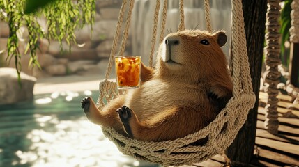 Capibara's relaxing day at the beach a holiday for happy animals