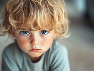 Close-Up Portrait of Sad Little Boy with Blue Eyes – Emotional Expression, Curly Blonde Hair, Natural Light, Innocence and Vulnerability Captured in Heartfelt Childhood Photography