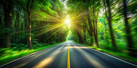 A sunlit path through a verdant forest canopy, a journey of speed and vibrant nature