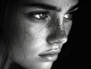 Black and White Closeup Portrait of a Sad Young Woman