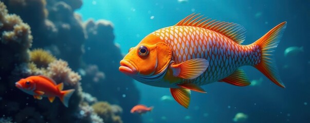Fototapeta premium Vibrant orange & blue fish shoal, scales shimmering , blue, schooling fish