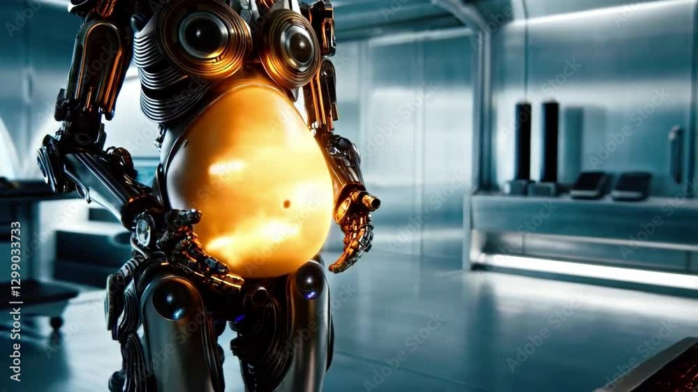 Poster innovative technology integrates a pregnant robot within a sterile laboratory environment.