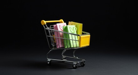 Mini shopping cart with colorful paper bags on black background
