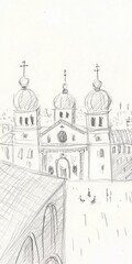 Fototapeta premium Detailed Pencil Sketch Of A Church With Domes and Towers Detailed Drawing Of Religious Building With Historical Architecture Style