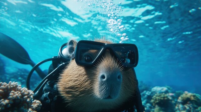 Happy holiday retreat capybara's underwater adventure at tropical beach paradise