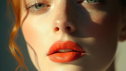 Naklejka premium Female model with bold pink lips, half-shadowed face, embodying mystery and allure.