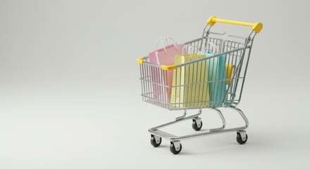 Mini shopping cart with colorful paper bags on white background
