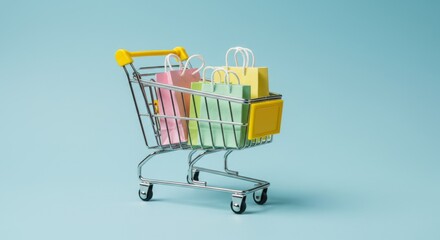 Mini shopping cart with colorful paper bags on blue background

