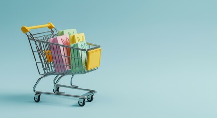 Mini shopping cart with colorful paper bags on blue background
