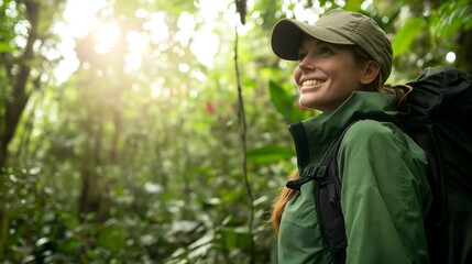 Happy female hiker enjoys the vibrant beauty of nature while exploring a lush green forest during a bright sunny day